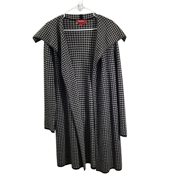 Max Mara Wool Blend Houndstooth Knit Long Cardigan W/ Belt